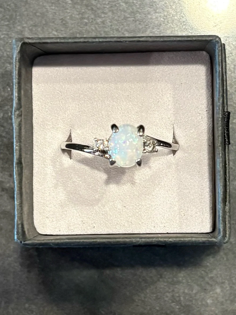 Silver Synthetic White Opal Solitaire Ring with Accent Stones~Size 10.5